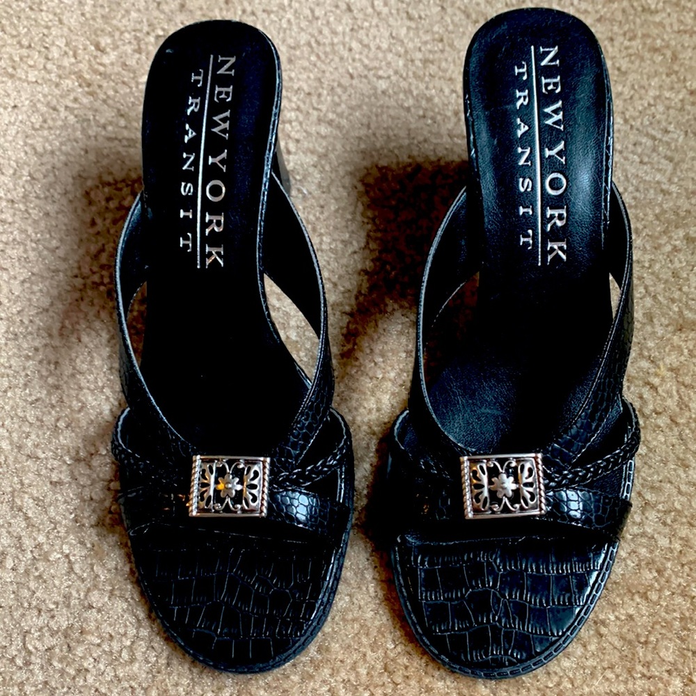 Black women’s crocodile embossed sandals, Size 8 M with 3 in heel.